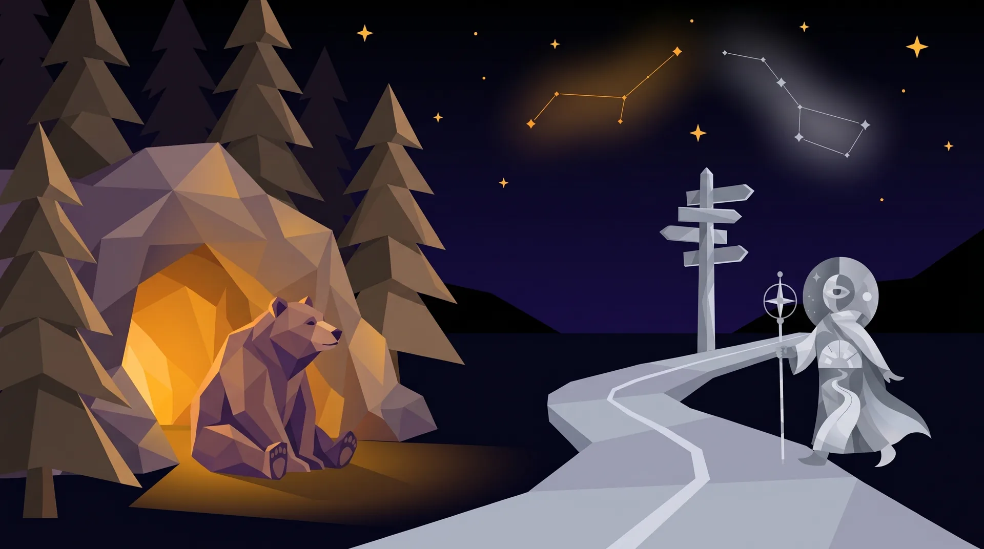 The Bear & The Traveler — two worlds meeting at a shoreline at night