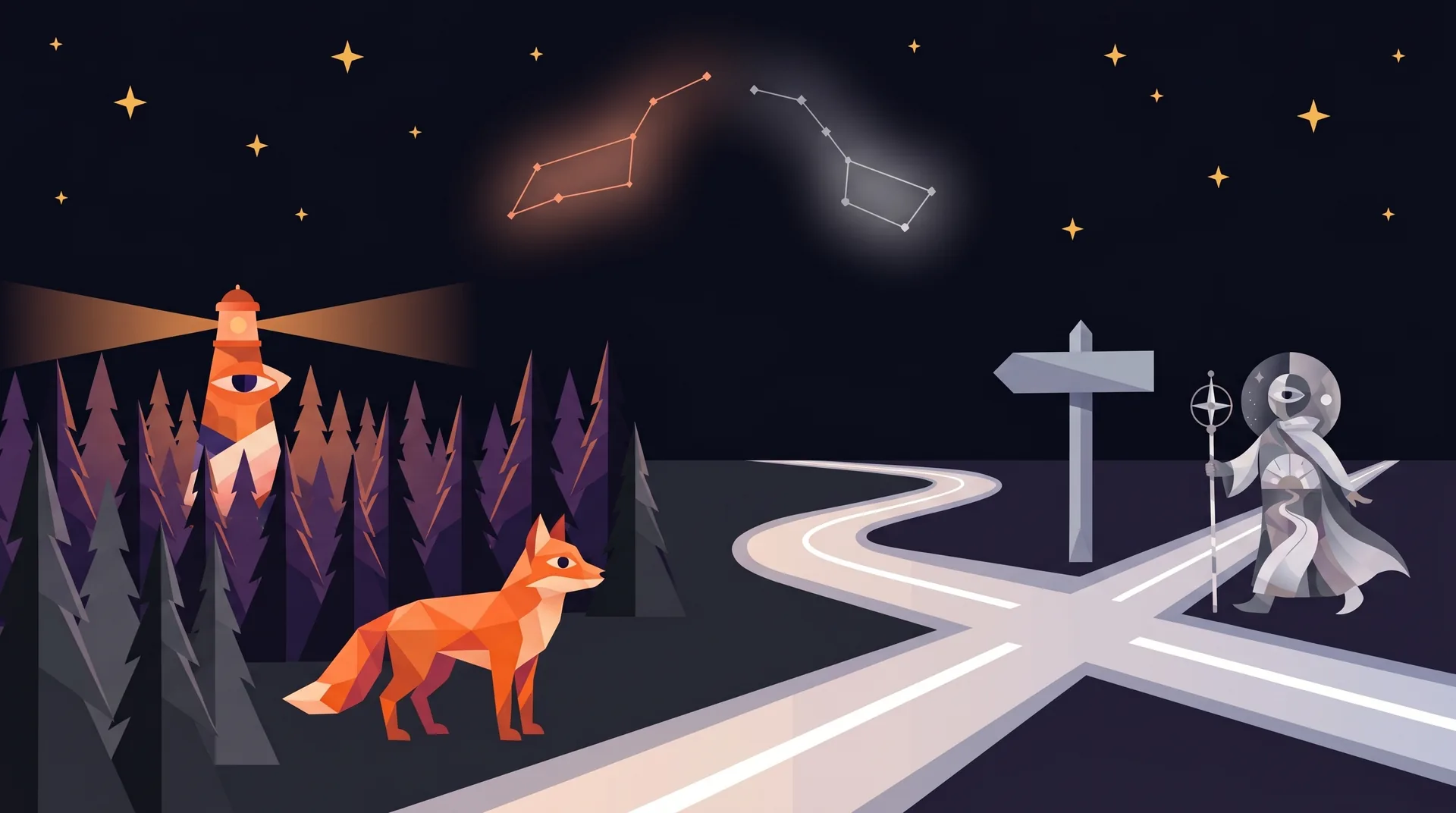 The Fox & The Traveler — two worlds meeting at a shoreline at night