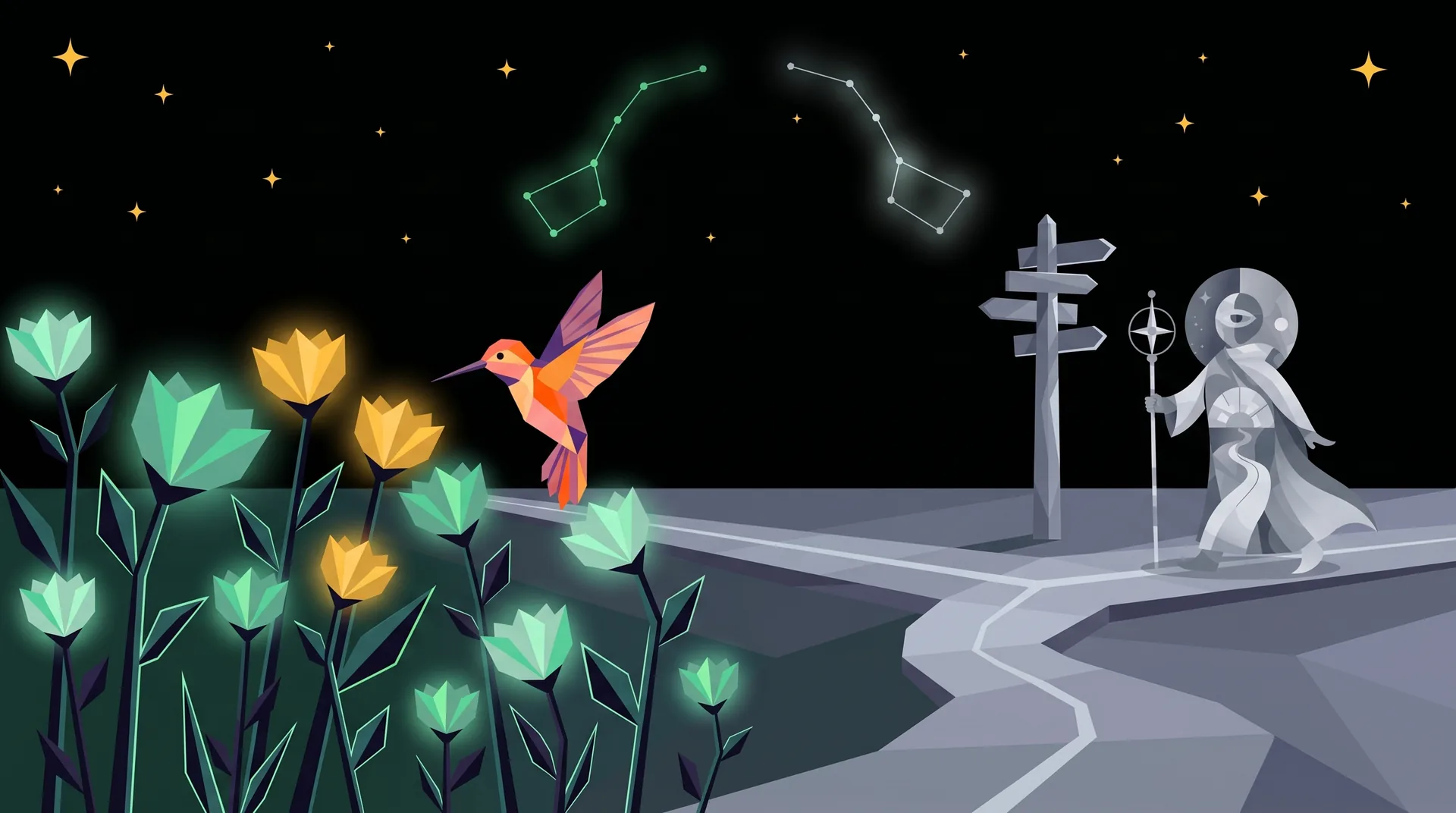 The Hummingbird & The Traveler — two worlds meeting at a shoreline at night