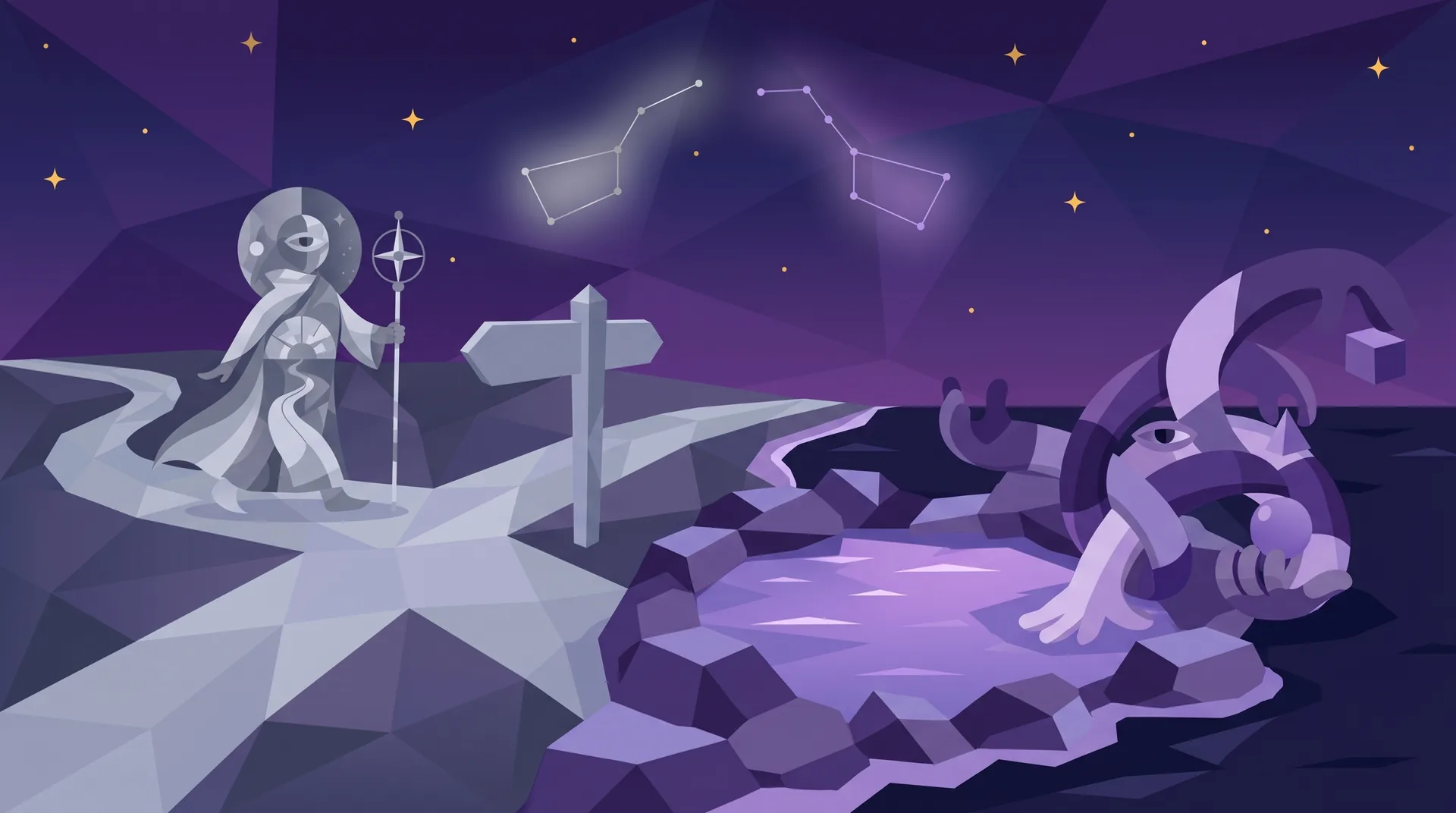The Octopus & The Traveler — two worlds meeting at a shoreline at night